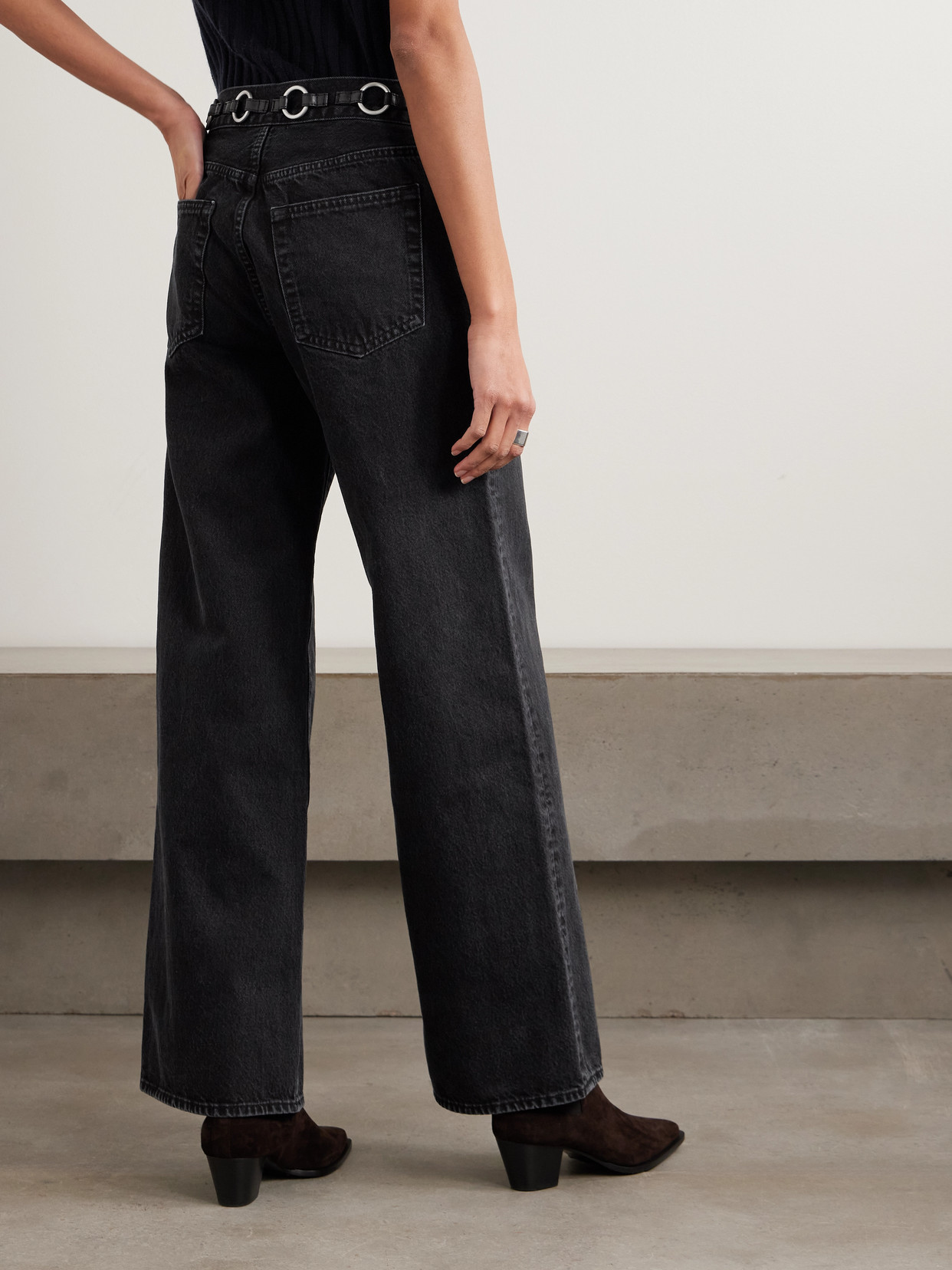 Frame The O-ring Stroll Embellished Leather-trimmed High-rise Wide-leg Jeans In Blue