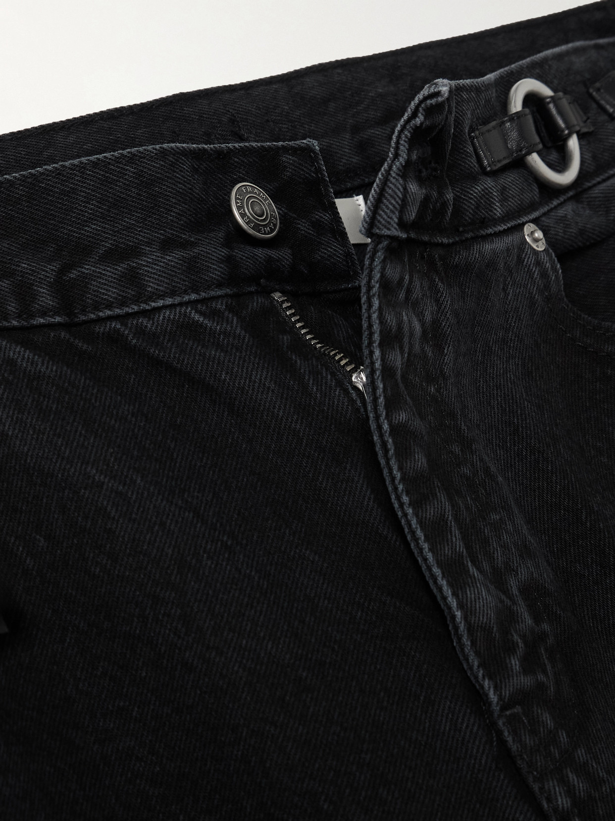 Frame The O-ring Stroll Embellished Leather-trimmed High-rise Wide-leg Jeans In Blue