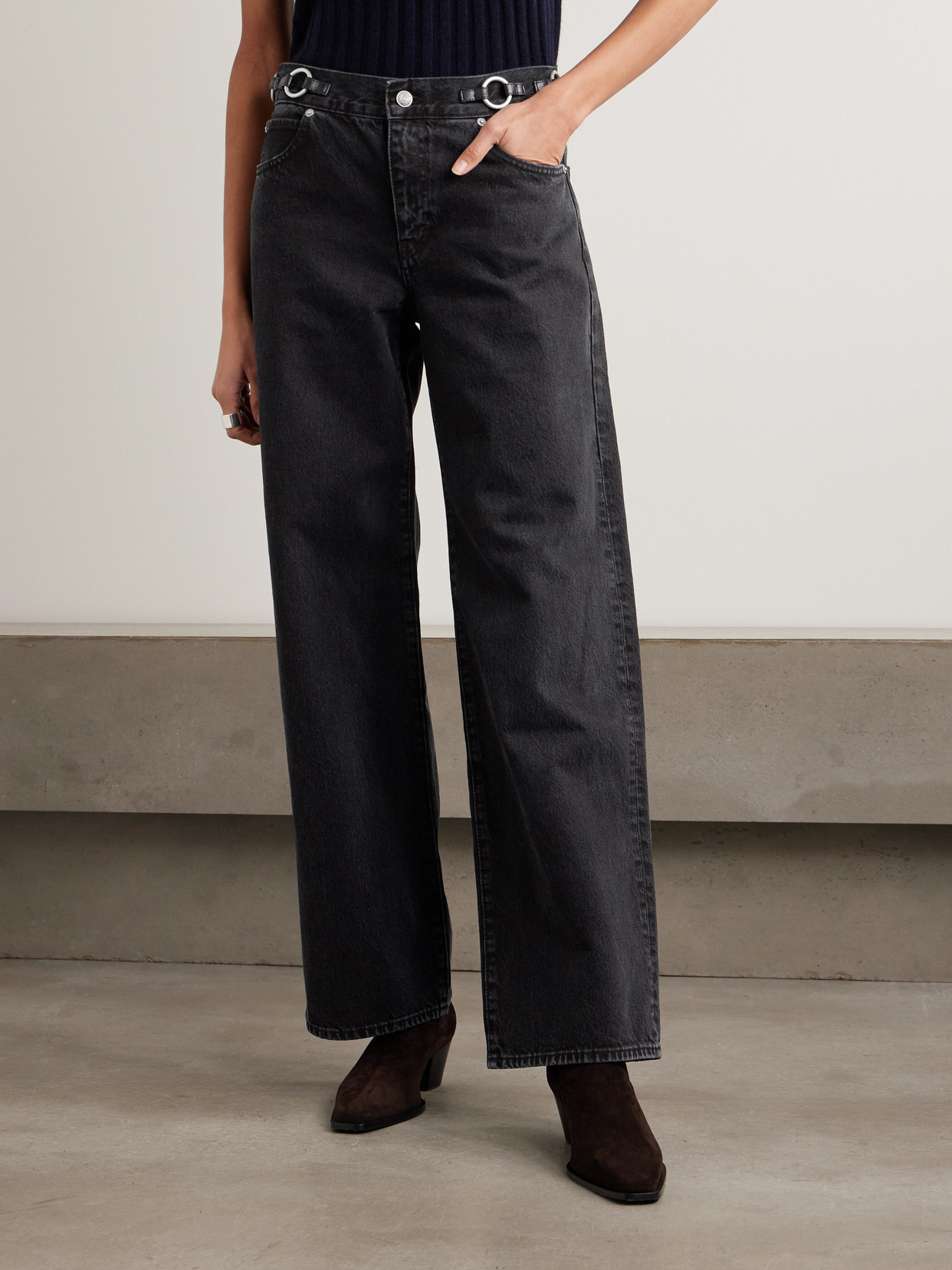 Frame The O-ring Stroll Embellished Leather-trimmed High-rise Wide-leg Jeans In Blue