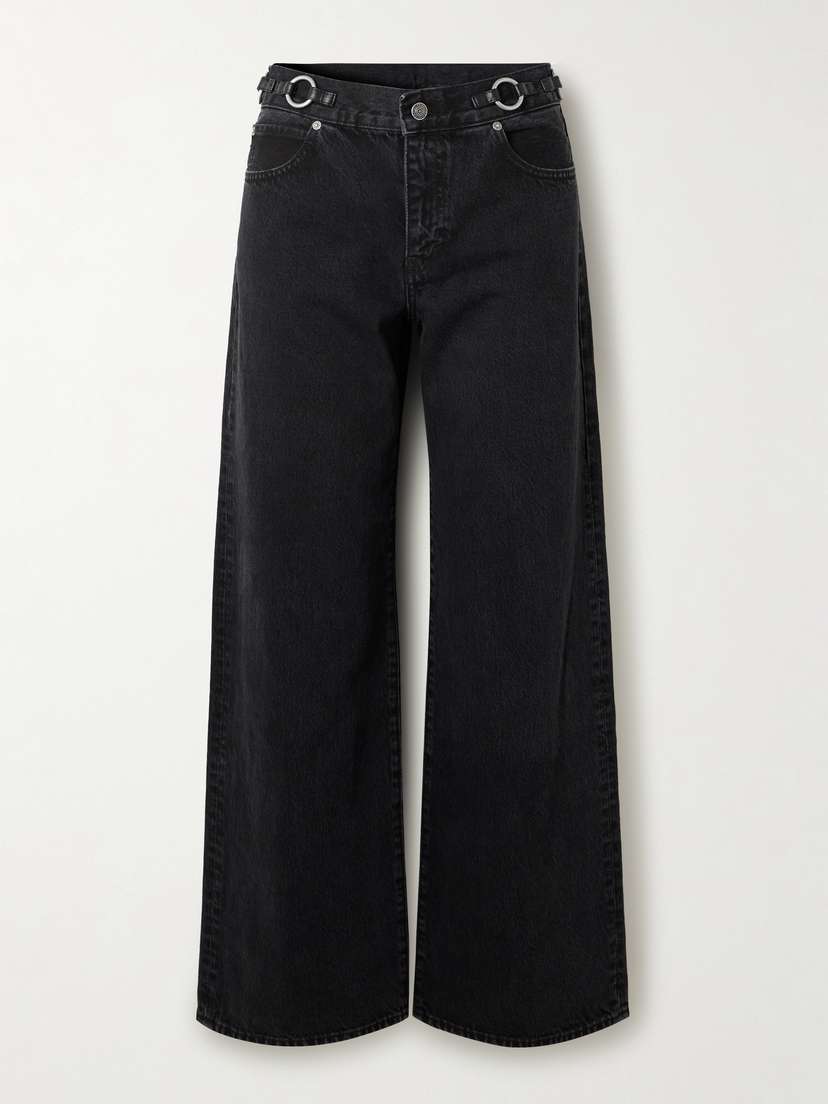 Frame The O-ring Stroll Embellished Leather-trimmed High-rise Wide-leg Jeans