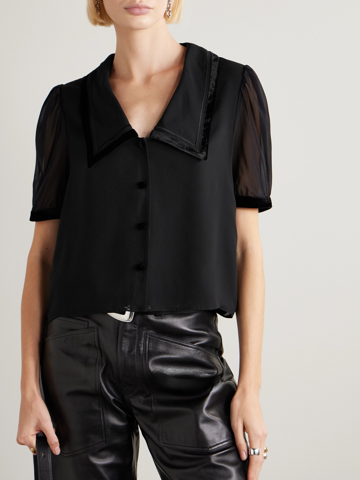 The Sailor Velvet-Trimmed Silk-Chiffon Blouse