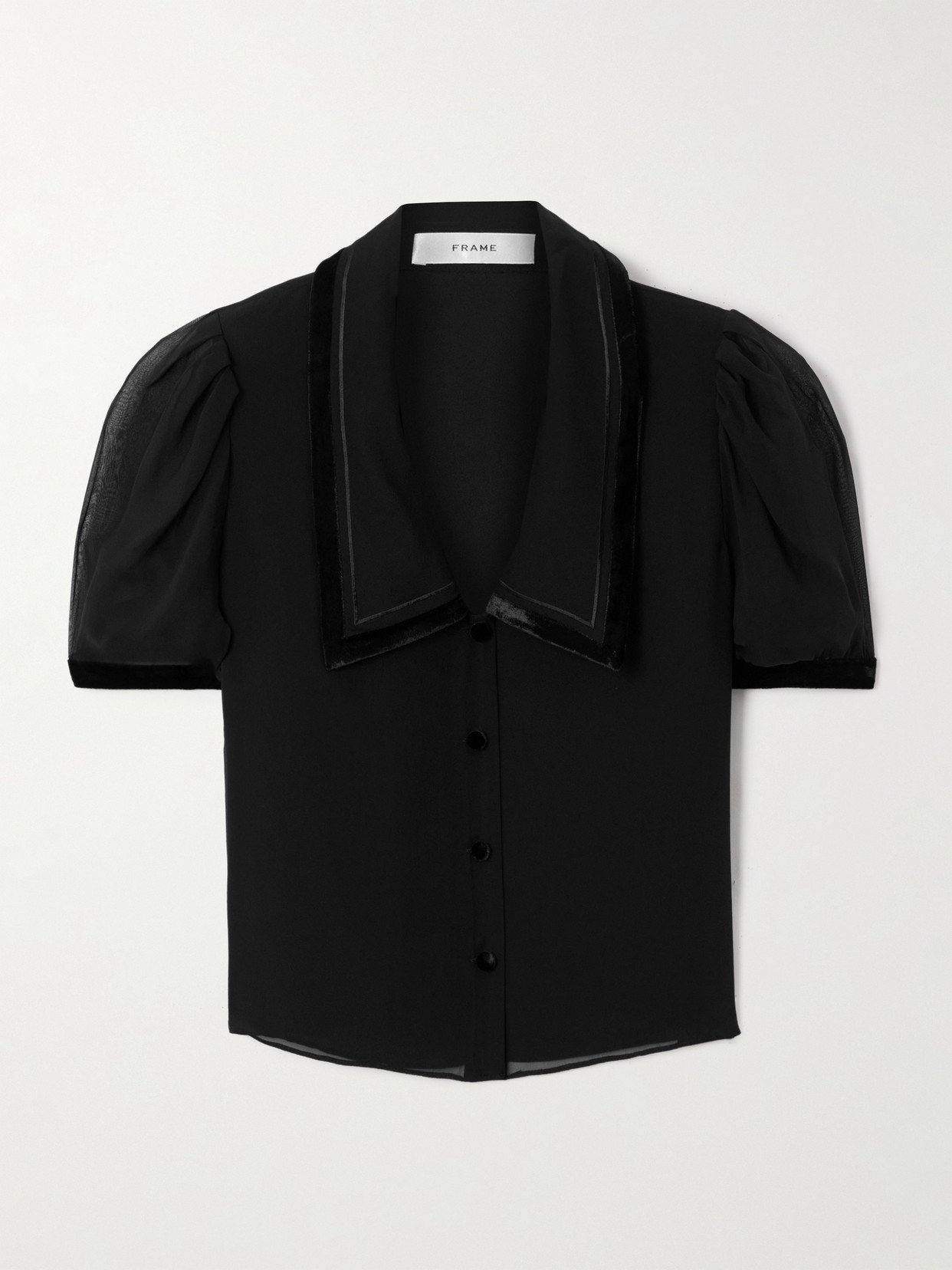 Frame The Sailor Velvet-trimmed Silk-chiffon Blouse In Black