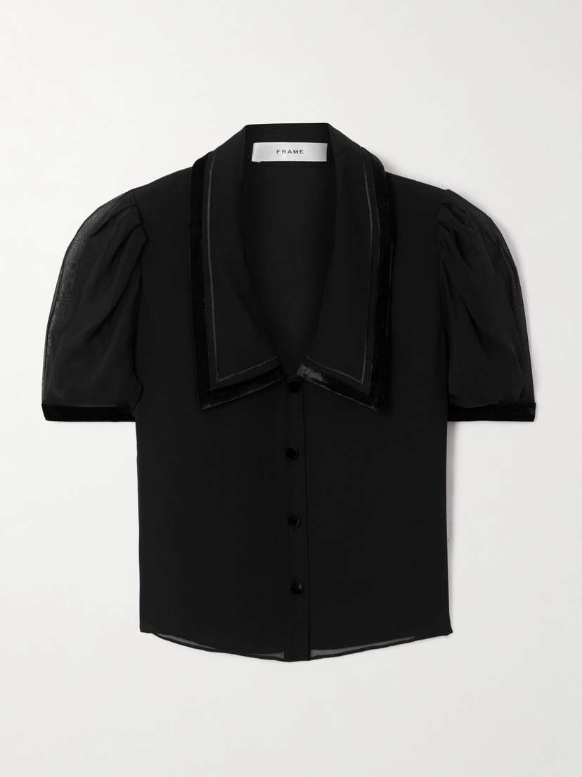 Frame The Sailor Velvet-trimmed Silk-chiffon Blouse