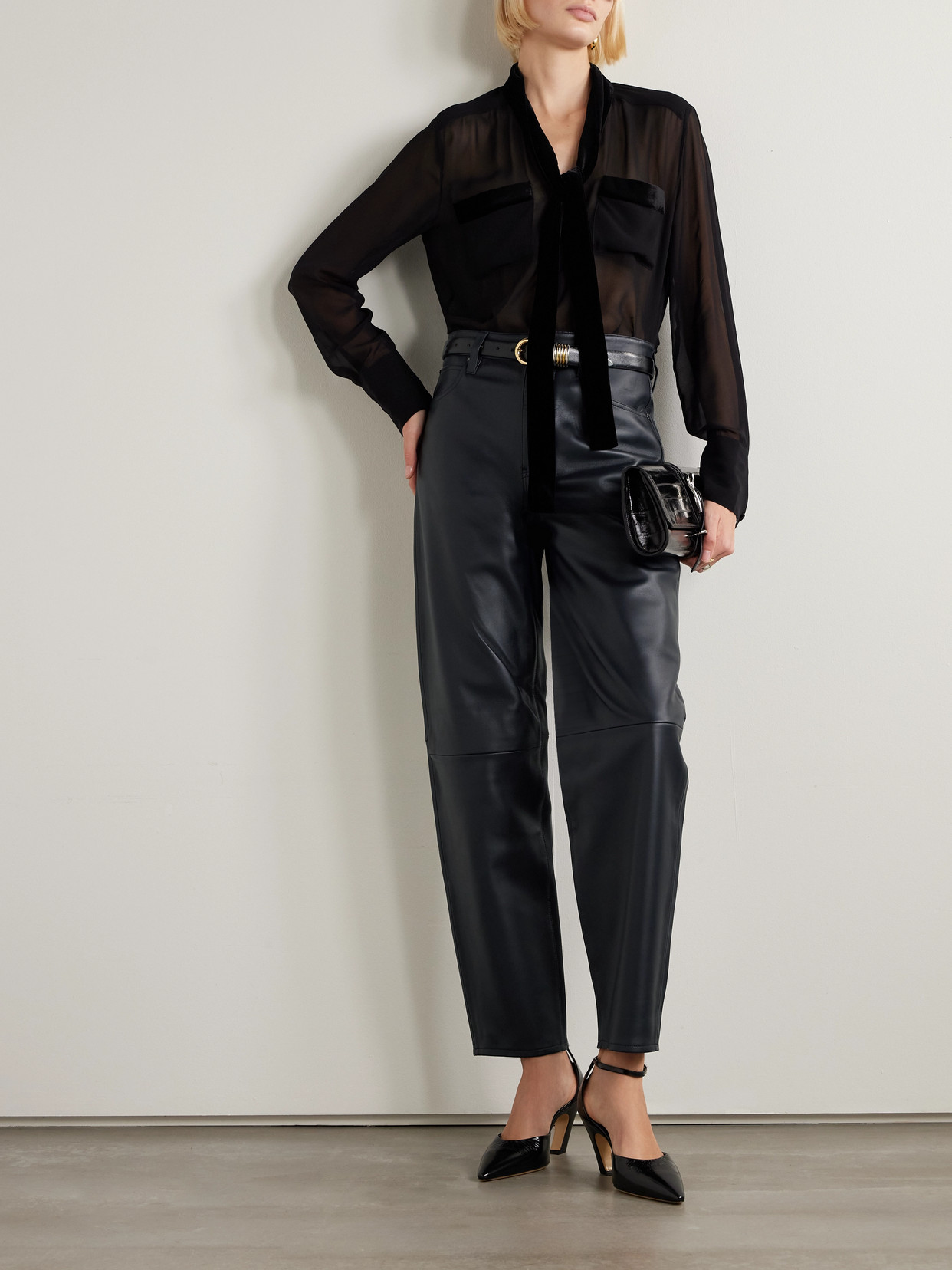 Frame Womens Navy The Neat Tapered-leg Leather Trousers In Blue