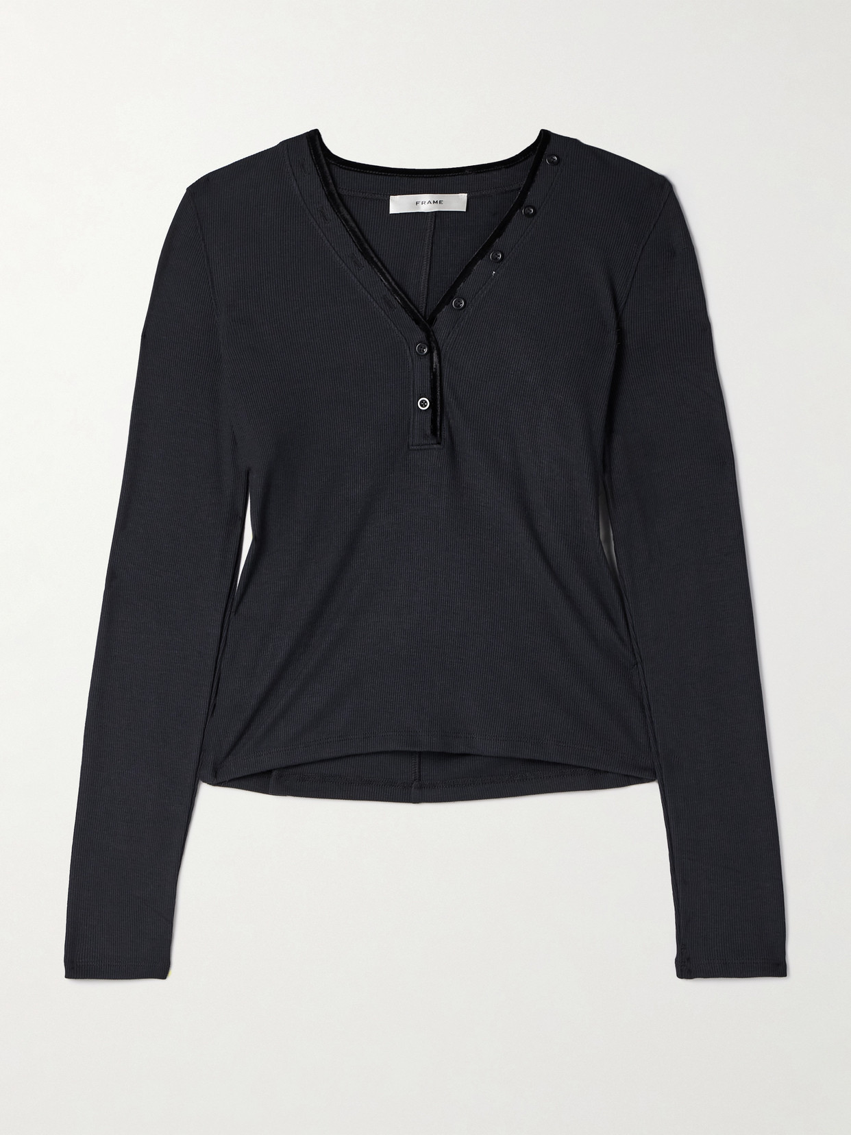 Frame The Henley Velvet-trimmed Ribbed Stretch-modal Top In Black