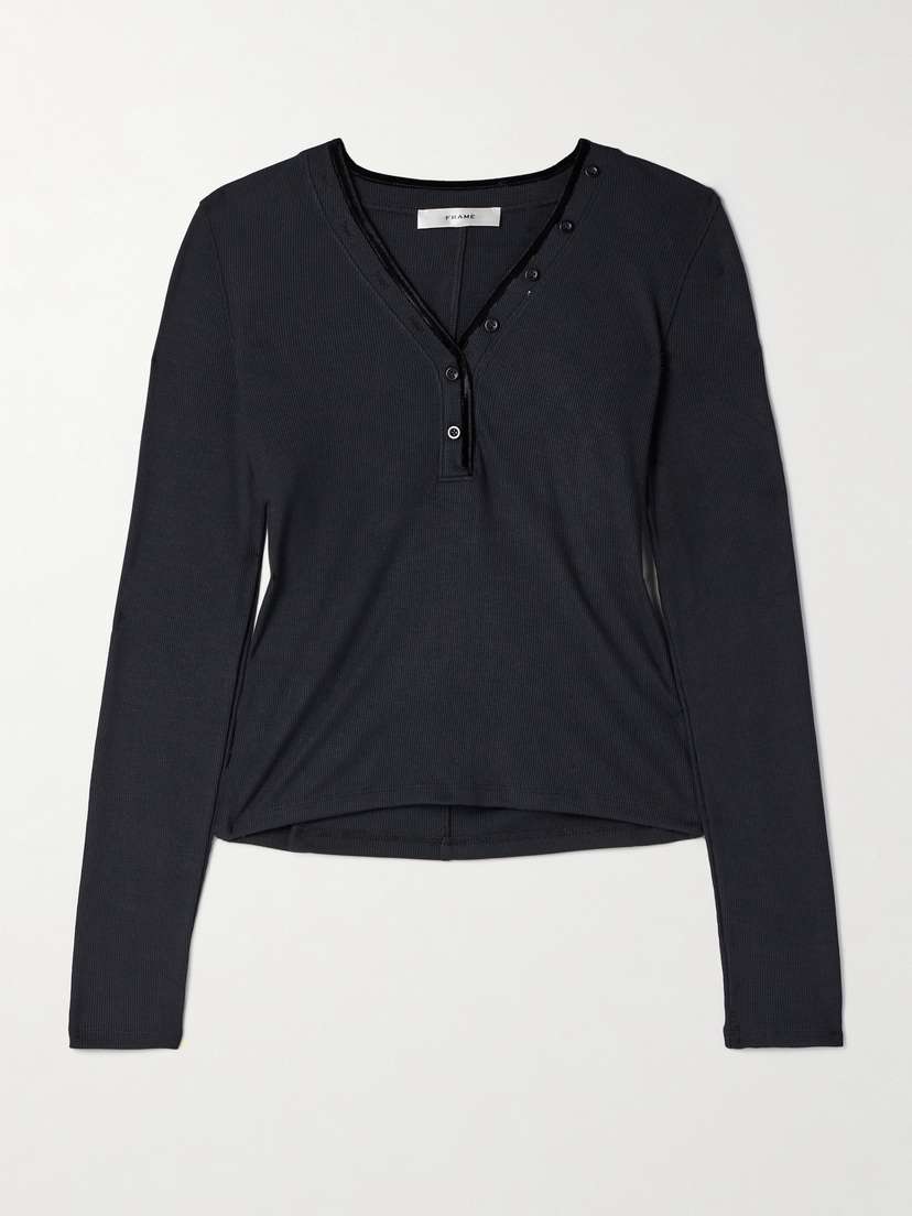 Frame The Henley Velvet-trimmed Ribbed Stretch-modal Top