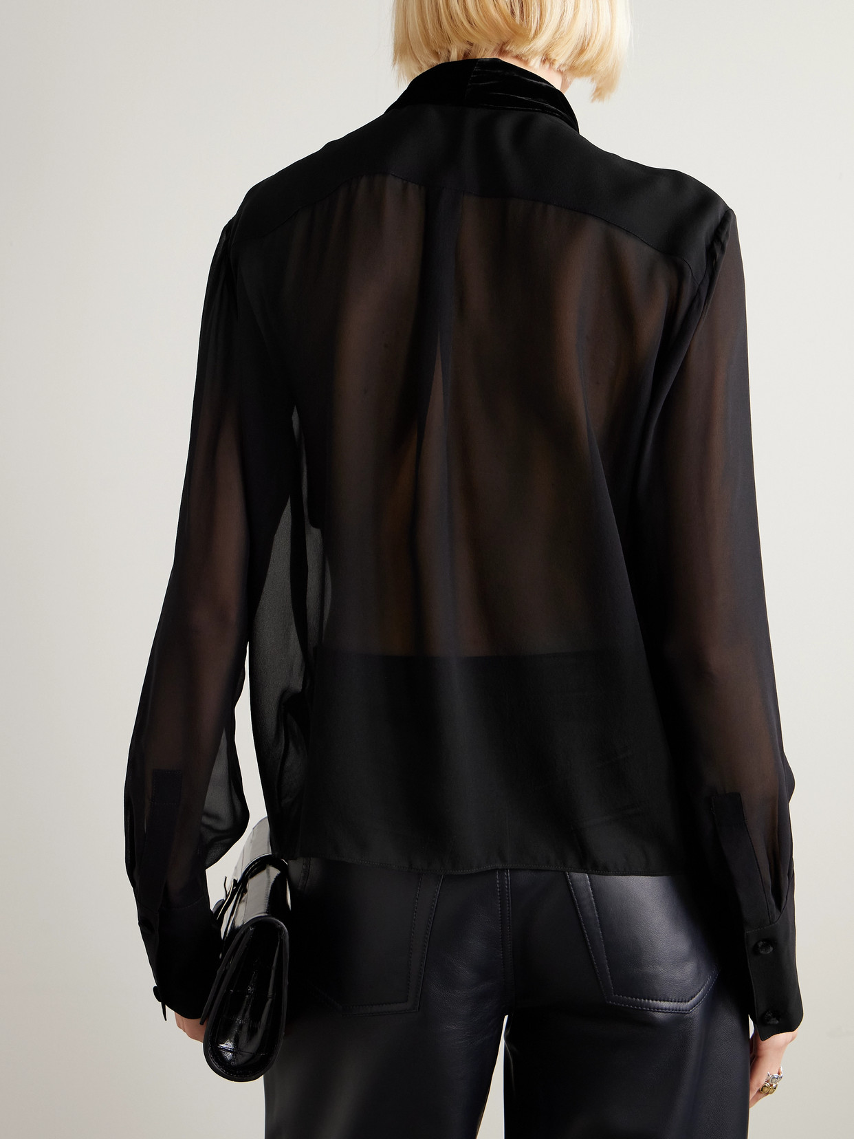 Pussy-Bow Velvet-Trimmed Silk-Chiffon Blouse