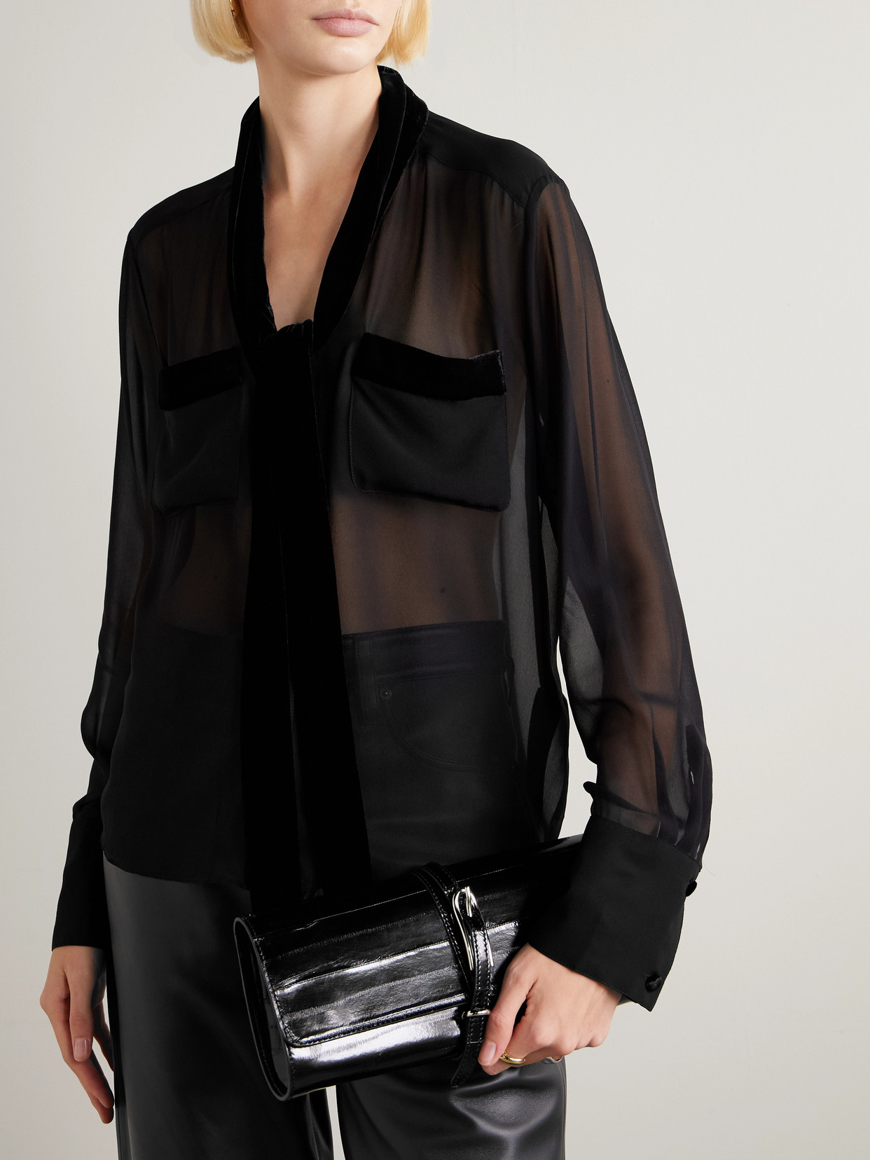 Pussy-Bow Velvet-Trimmed Silk-Chiffon Blouse