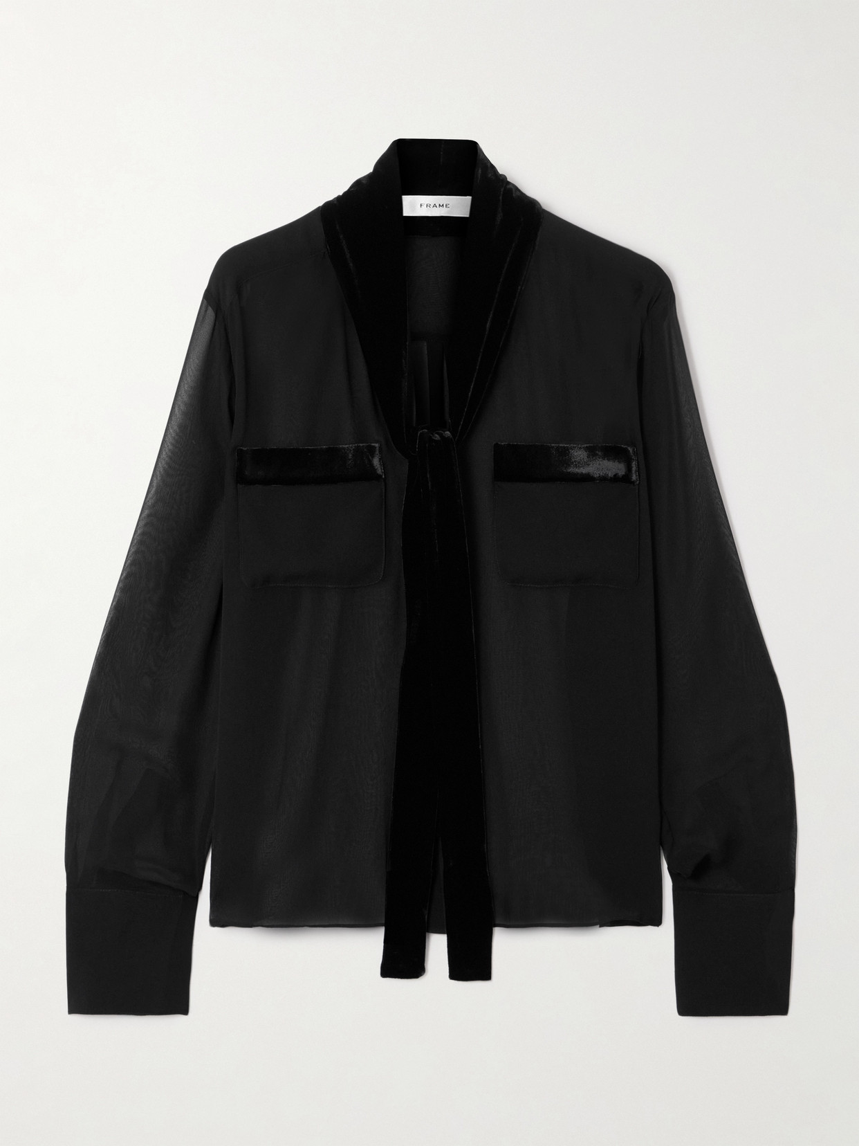 Frame Pussy-bow Velvet-trimmed Silk-chiffon Blouse In Black