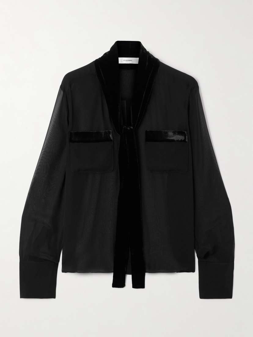 Frame Pussy-bow Velvet-trimmed Silk-chiffon Blouse