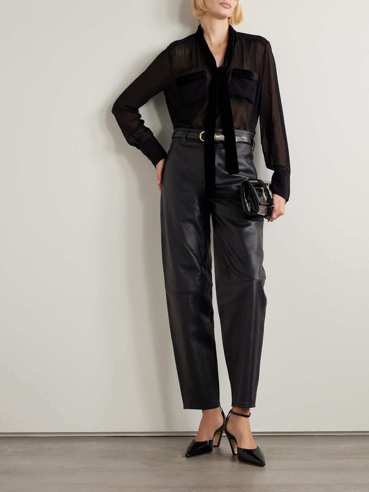Pussy-Bow Velvet-Trimmed Silk-Chiffon Blouse