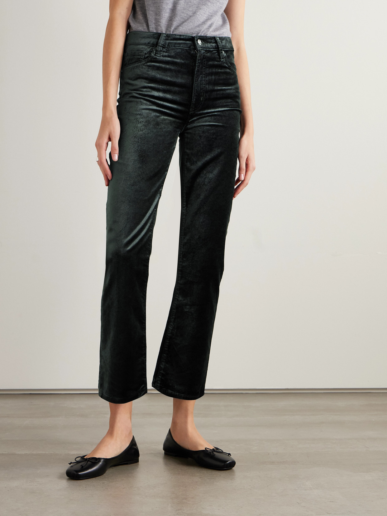 Frame Le Sleek Cropped Cotton-blend Velvet Bootcut Pants In Green