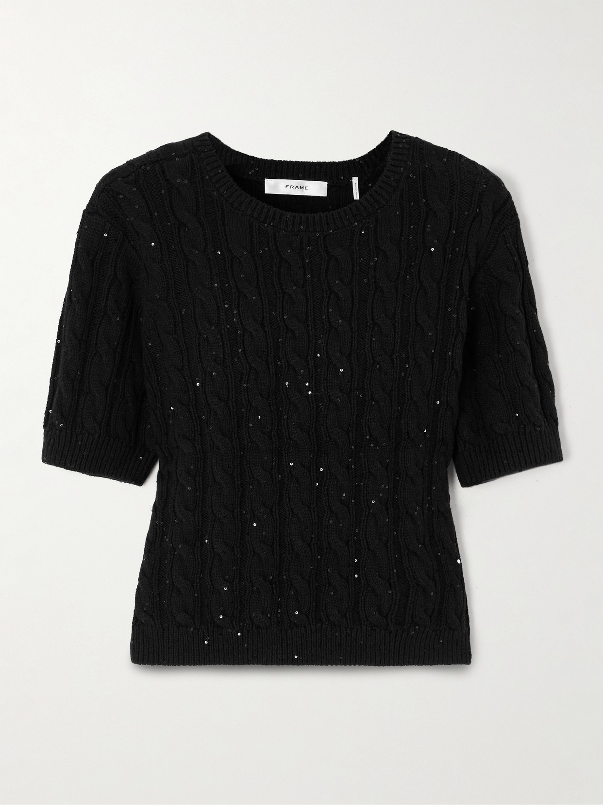 Frame Sequin-embellished Cable-knit Cotton-blend Sweater In Black
