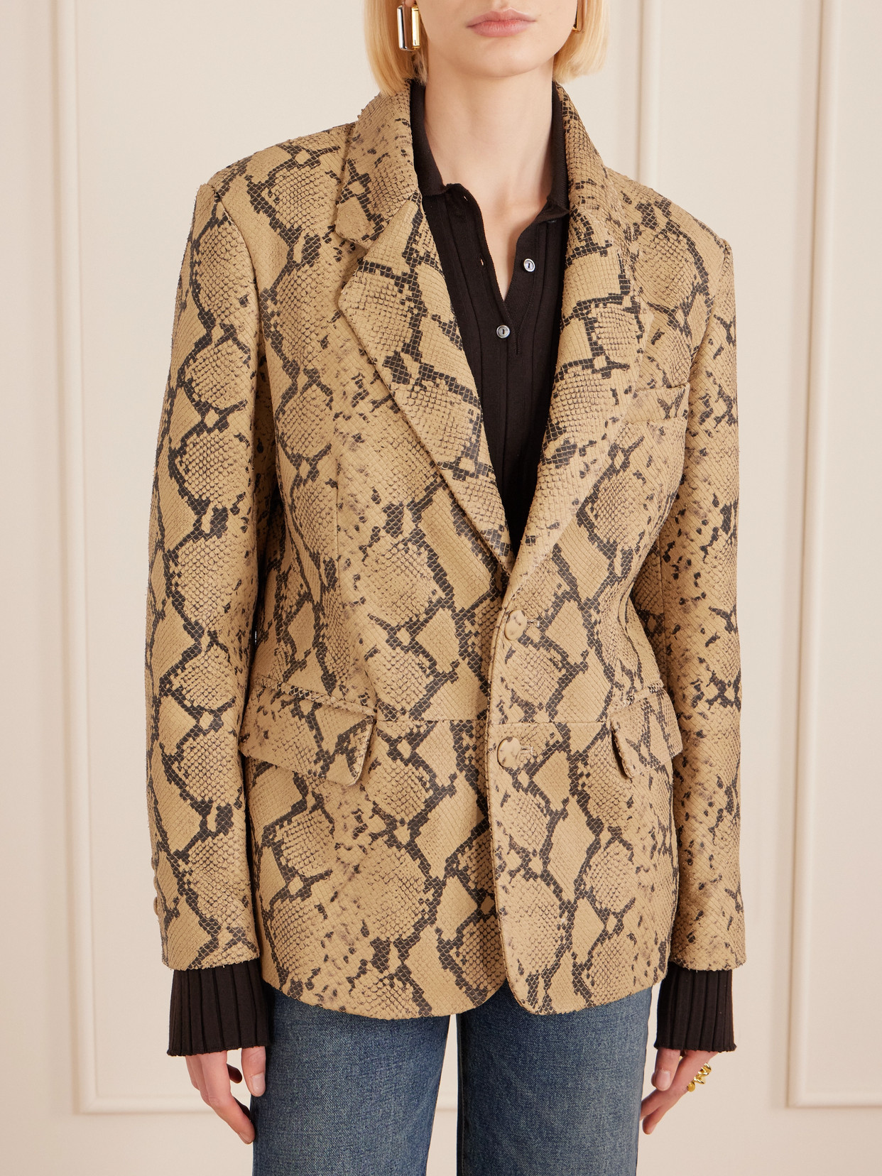 Frame Snake-effect Leather Blazer In Brown