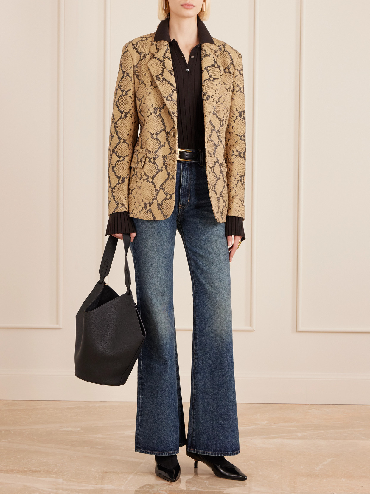 Frame Snake-effect Leather Blazer In Brown