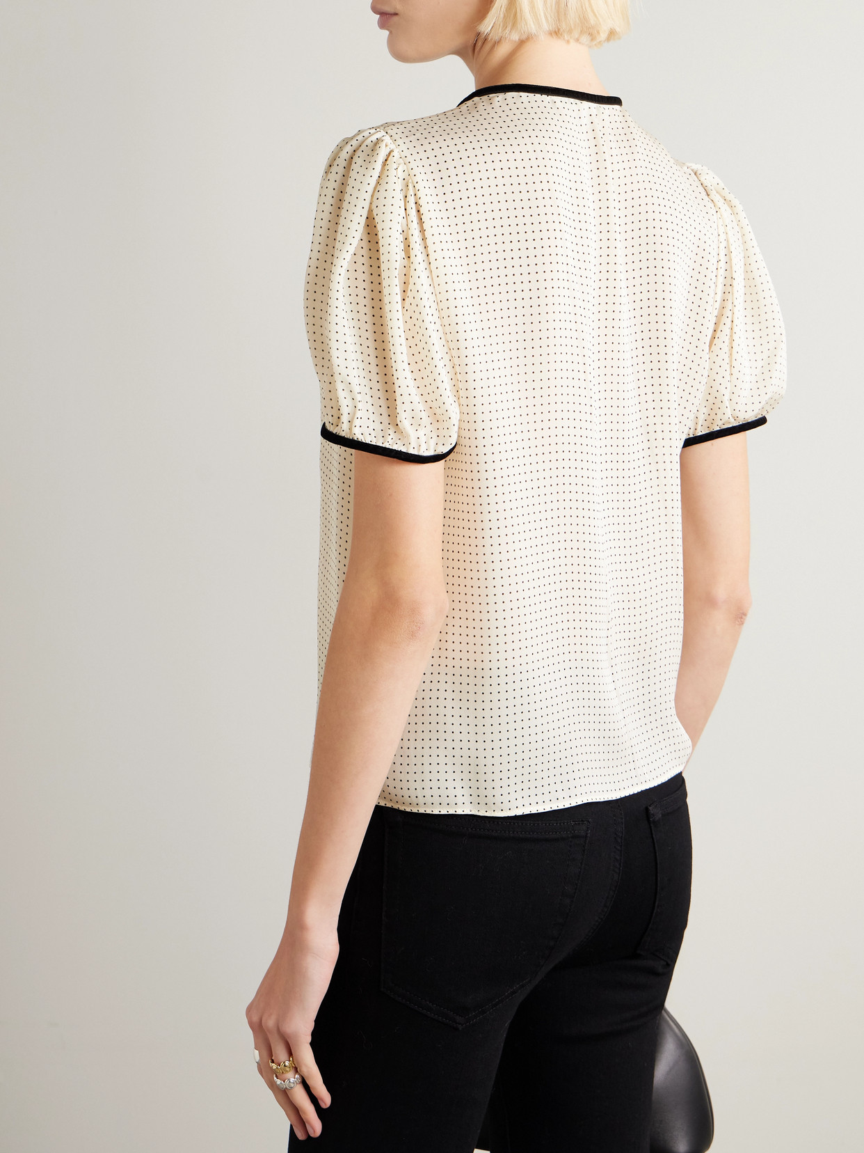 Velvet-Trimmed Polka Dot Silk-Chiffon Blouse