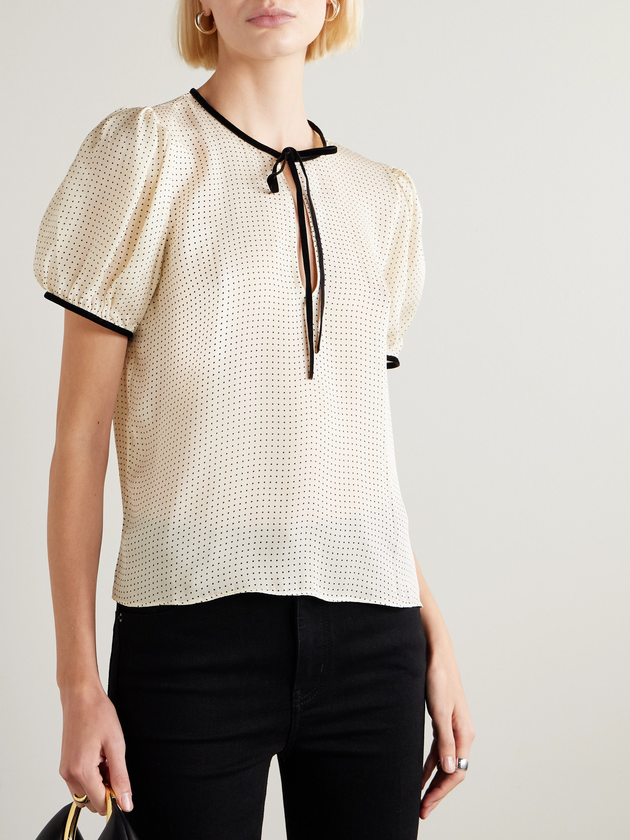 Velvet-Trimmed Polka Dot Silk-Chiffon Blouse