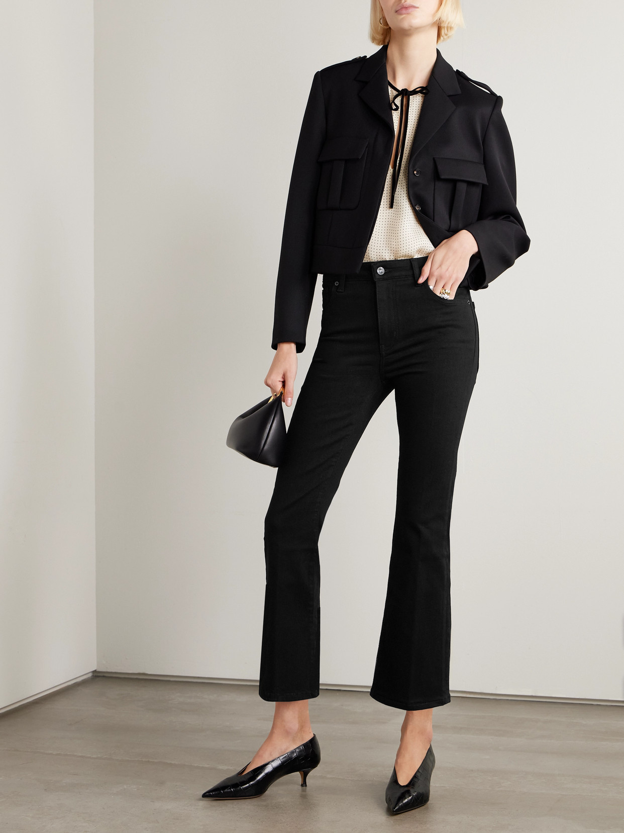 Velvet-Trimmed Polka Dot Silk-Chiffon Blouse