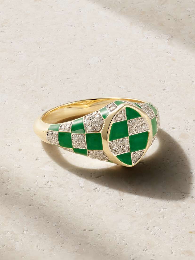 Yvonne Léon Baby Chevalière Marquise 9-karat Yellow And White Gold, Enamel And Diamond Signet Ring