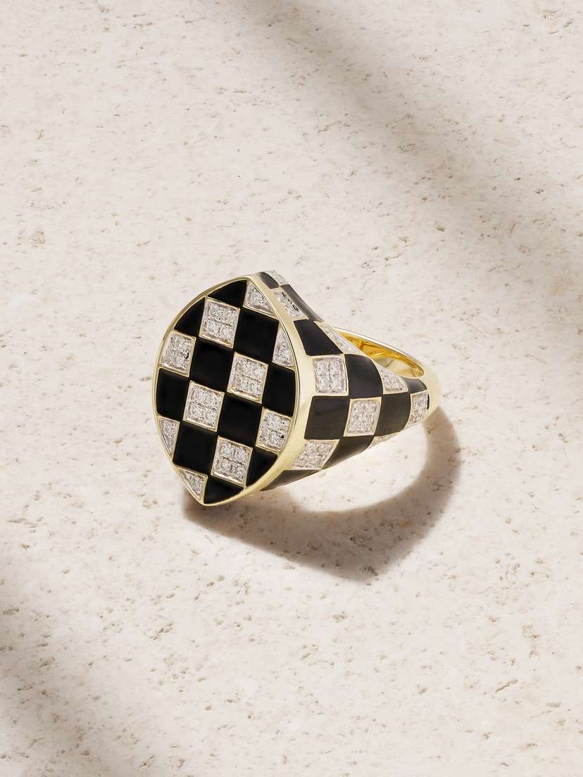 Yvonne Léon Chevalière Marquise Damier 9-karat Gold, Diamond And Enamel Ring