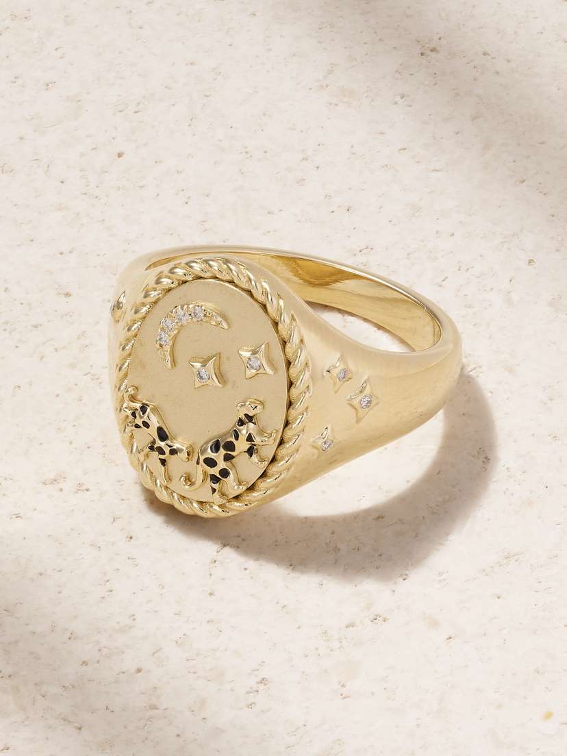 Yvonne Léon Chevalière Ovale La Savane 9-karat Gold, Diamond And Enamel Ring