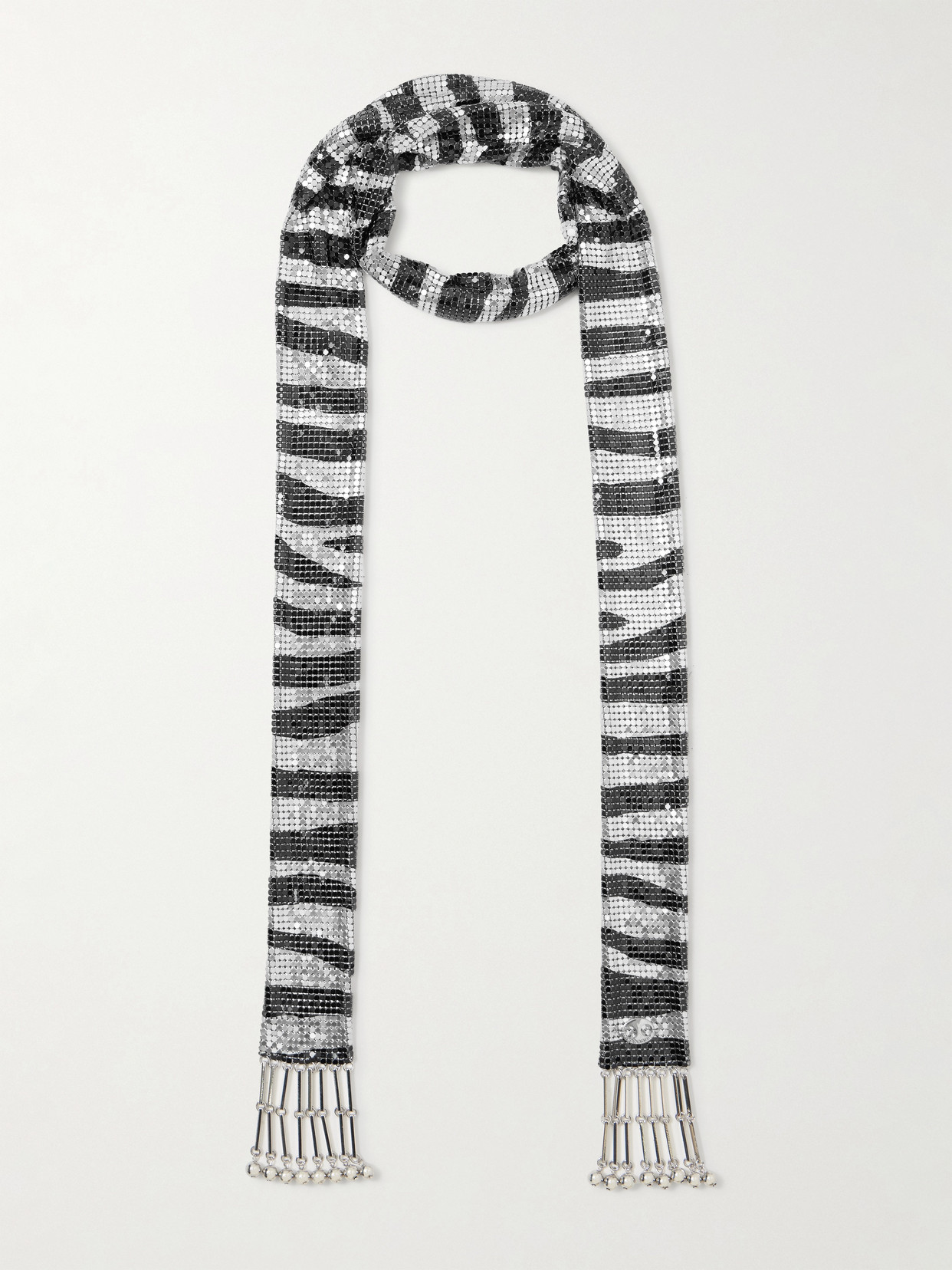 Rabanne Fringed Zebra-print Chainmail Scarf In Gray