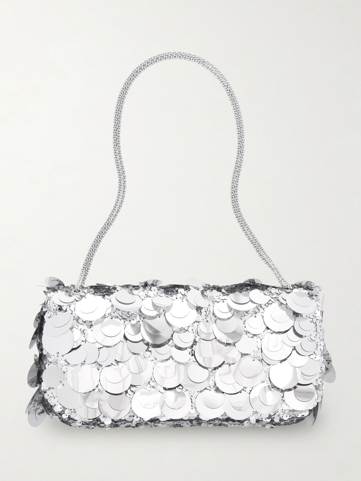 Rabanne Sequined Metallic Leather Shoulder Bag In Silver