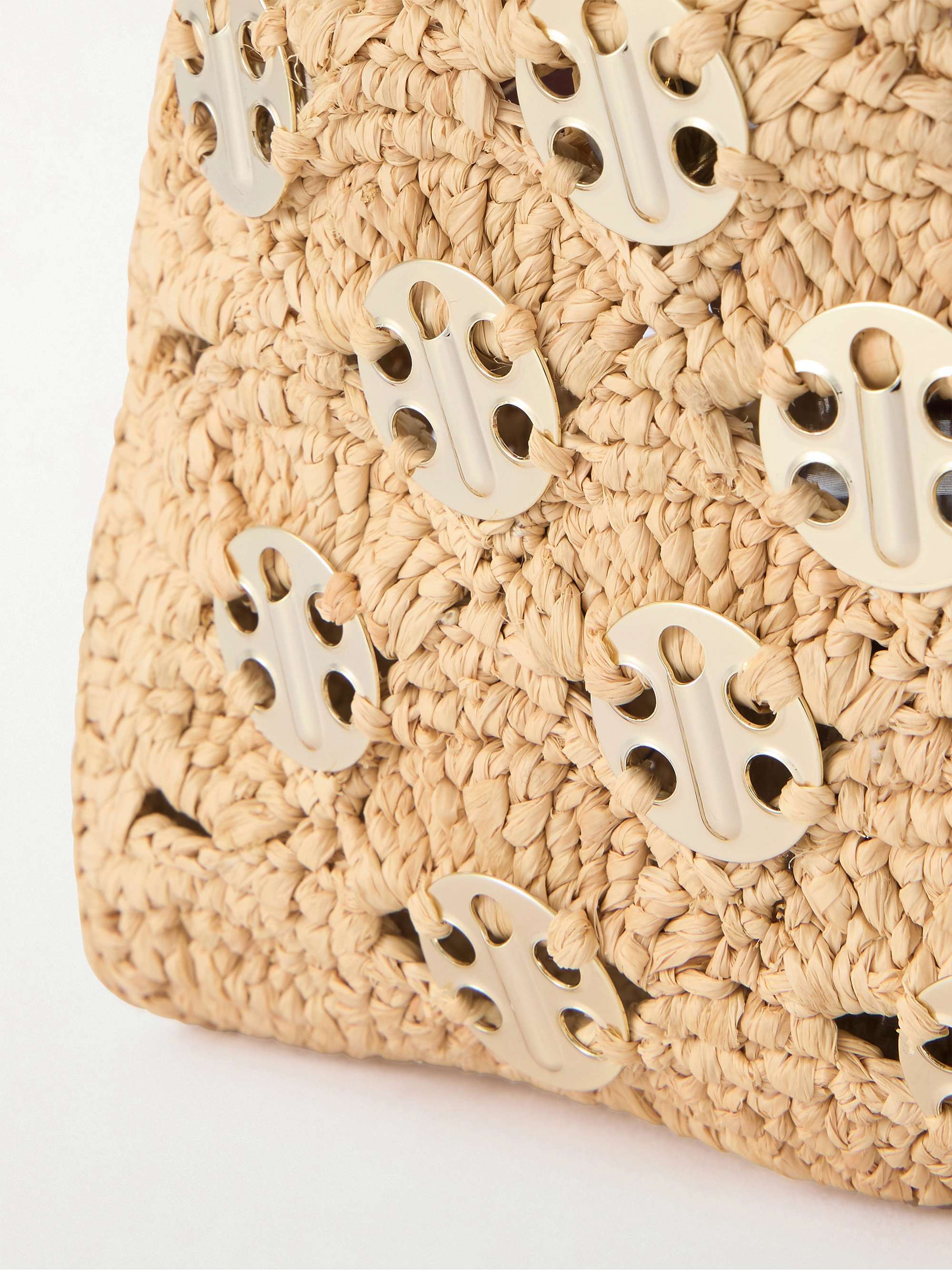 RABANNE Sac a Man leather-trimmed studded raffia shoulder bag