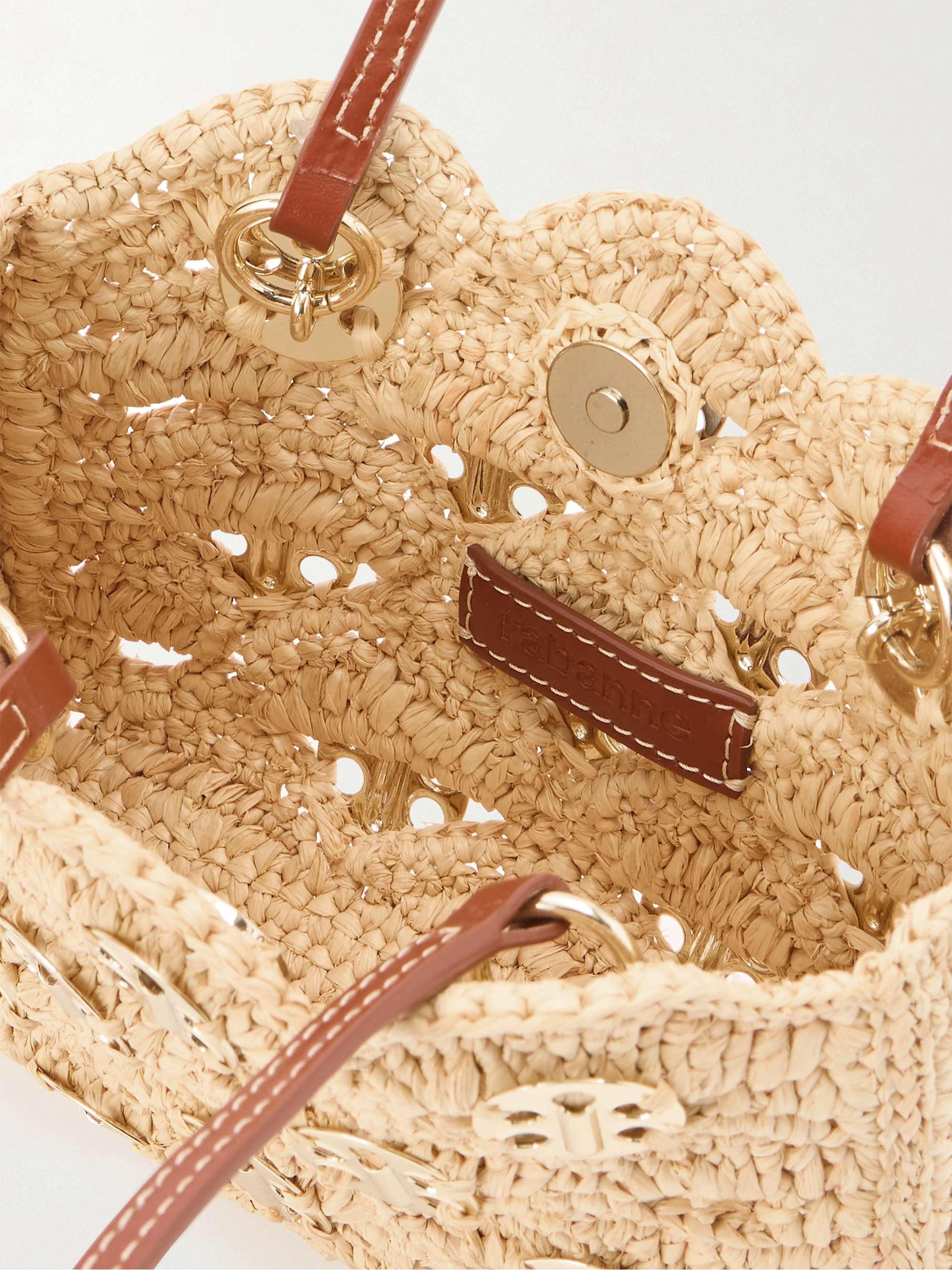 RABANNE Sac a Man leather-trimmed studded raffia shoulder bag