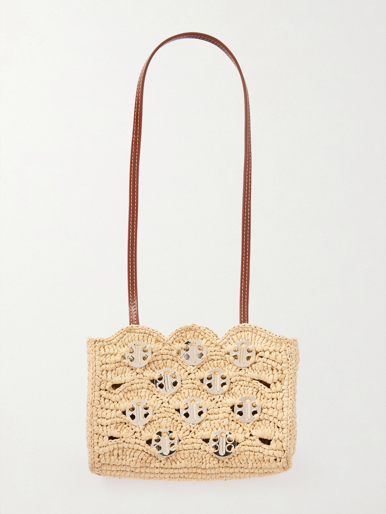 Rabanne Sac A Man Leather-trimmed Studded Raffia Shoulder Bag In Neutral