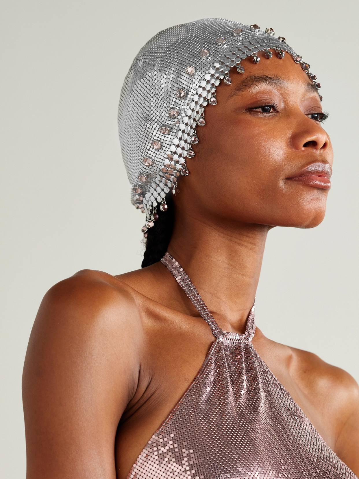 Rabanne Fringed Crystal-embellished Silver-tone Chainmail Hat In Silver