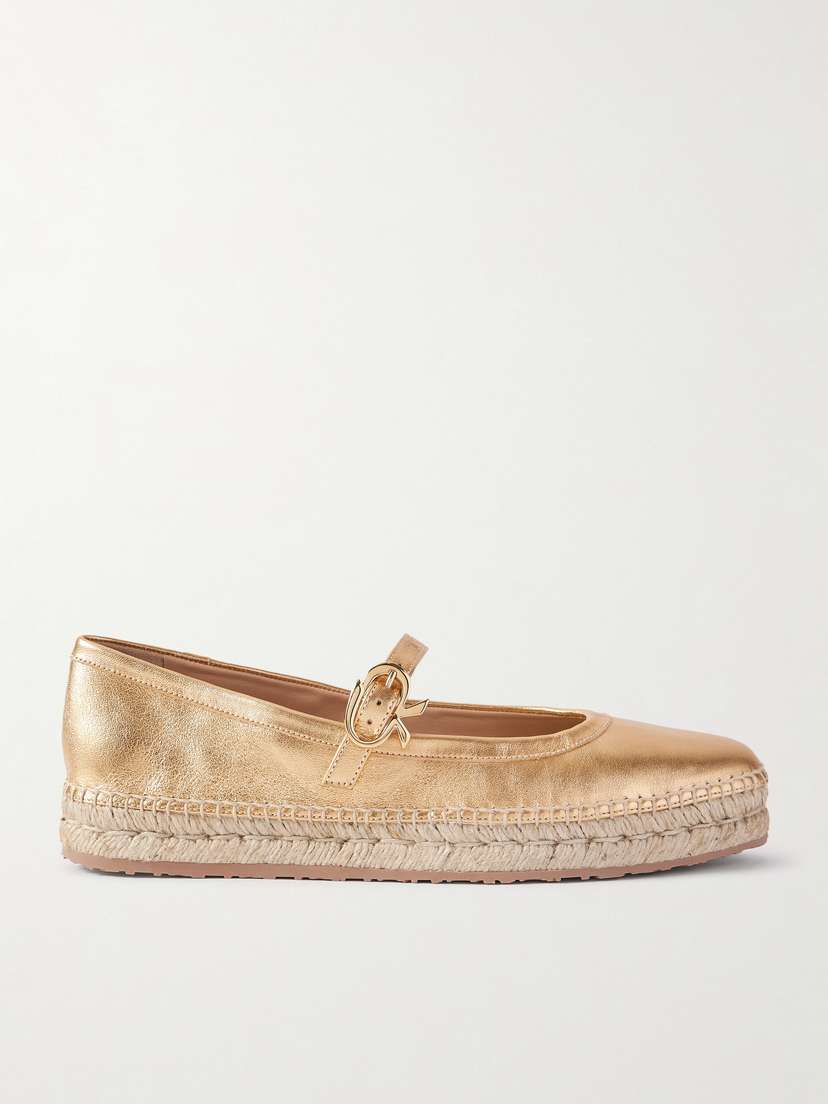 Gianvito Rossi Elda Metallic Leather Espadrille Mary Jane Flats