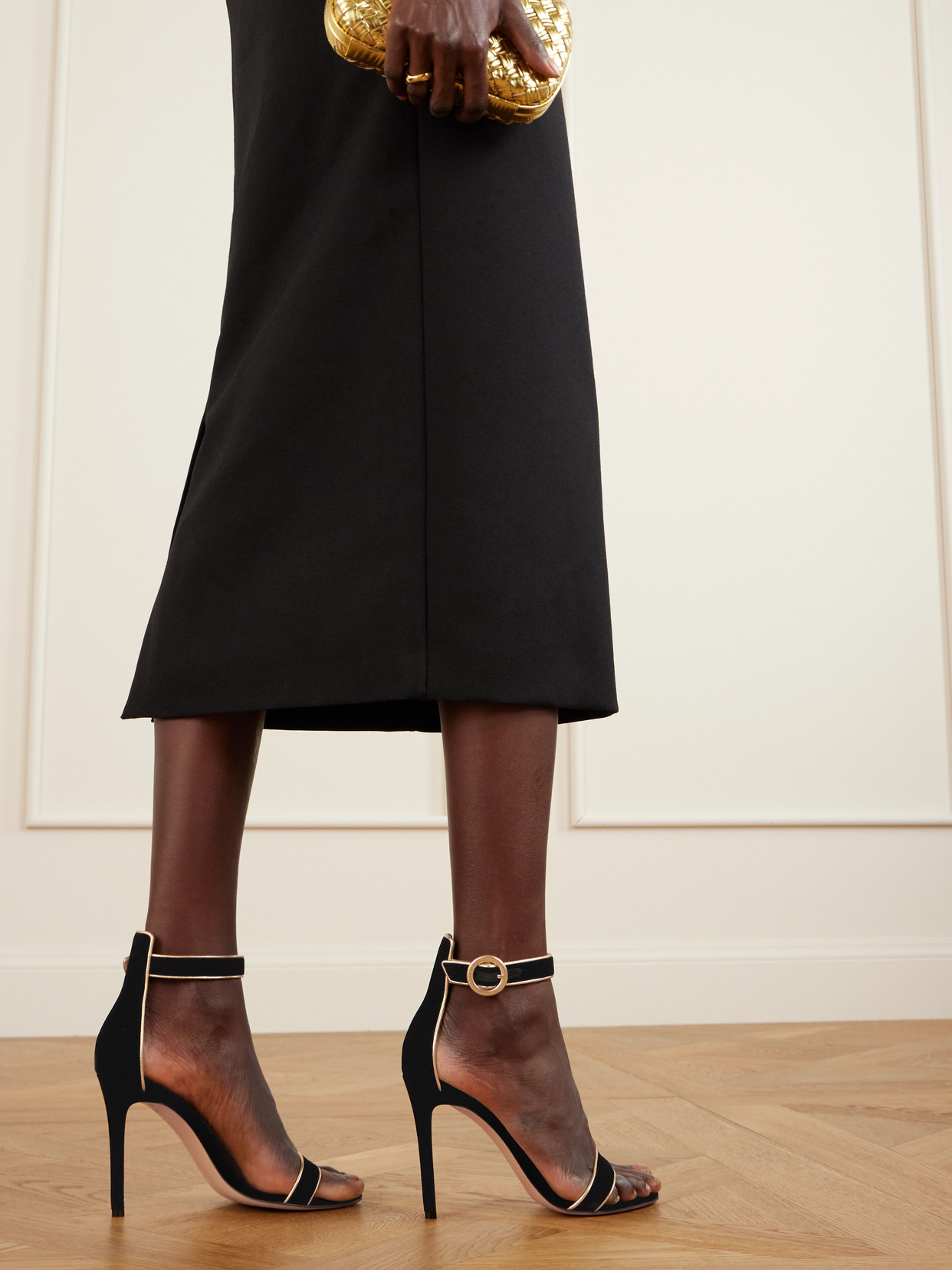 Gianvito Rossi Portofino 105 Metallic Leather-trimmed Velvet Sandals In Black