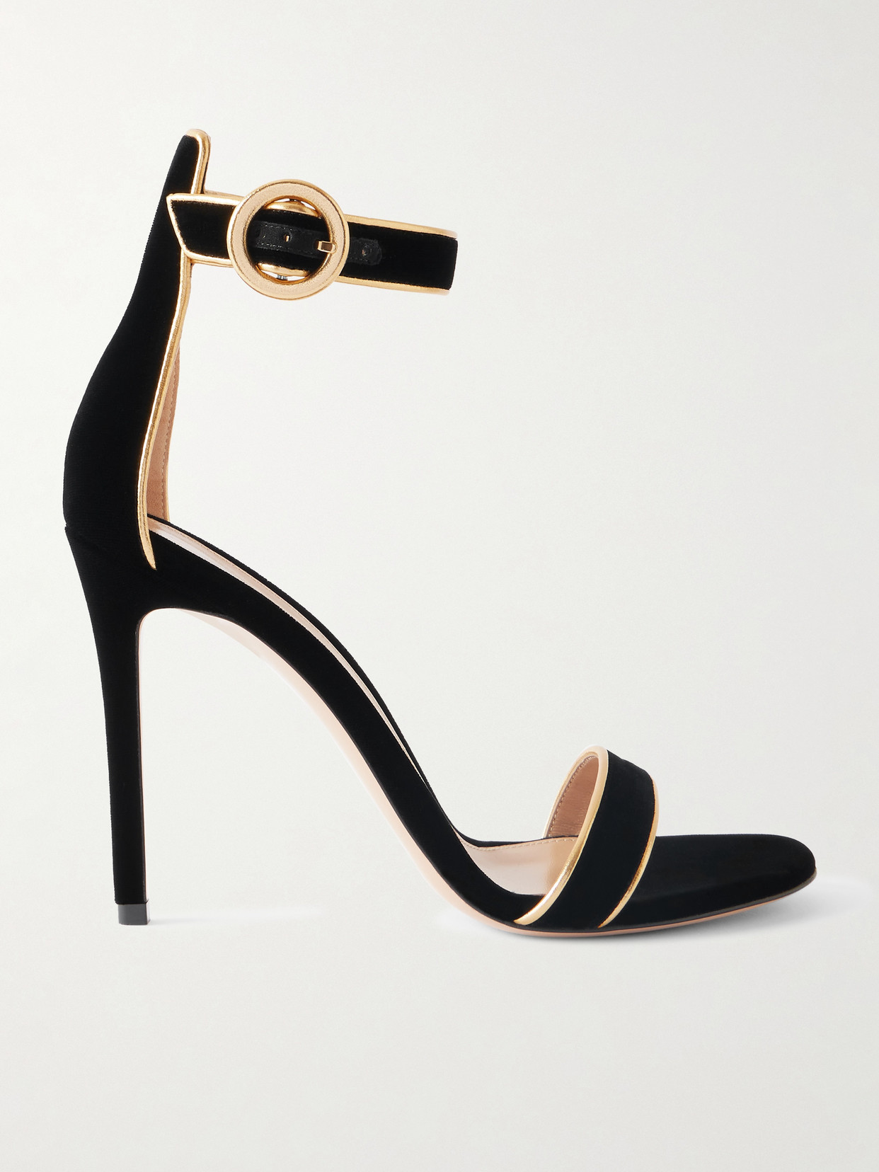 Gianvito Rossi Portofino 105 Metallic Leather-trimmed Velvet Sandals In Black