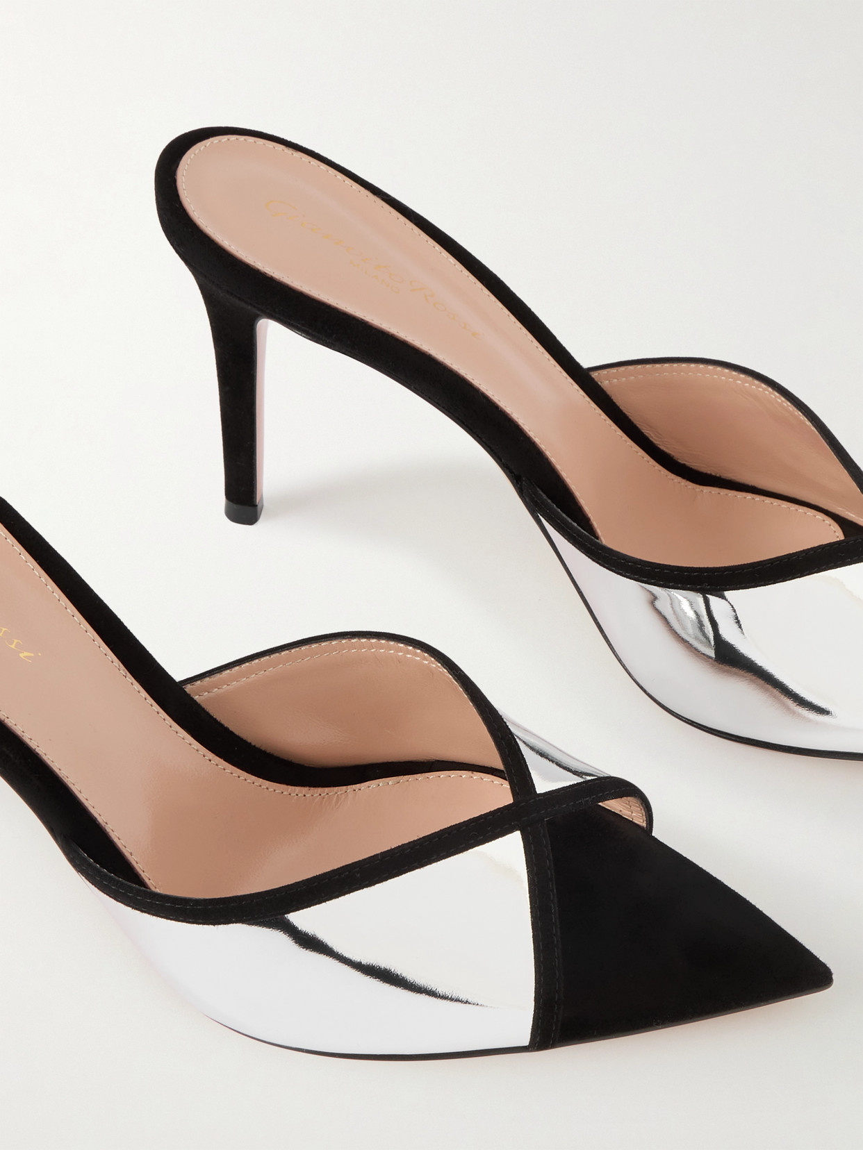 Gianvito Rossi 85 Suede-trimmed Mirrored-leather Mules In Black