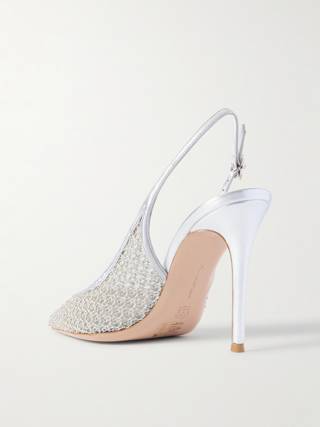 Gianvito Rossi Itaca 95 Metallic Leather-trimmed Embellished Mesh Slingback Pumps In Silver