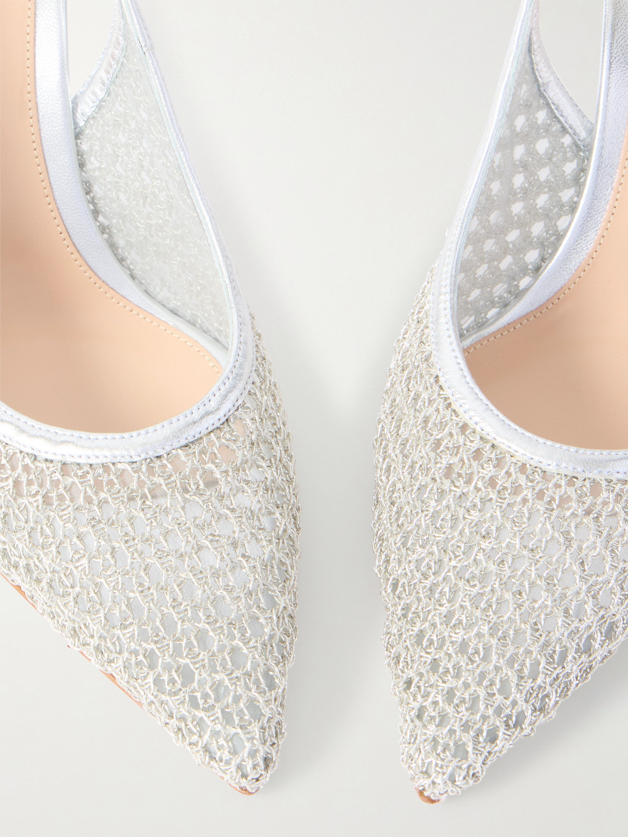 Gianvito Rossi Itaca 95 Metallic Leather-trimmed Embellished Mesh Slingback Pumps In Silver