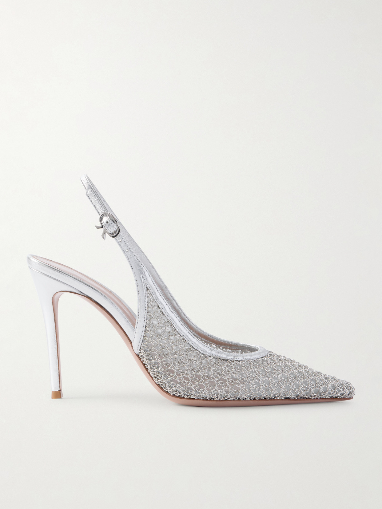 Gianvito Rossi Itaca 95 Metallic Leather-trimmed Embellished Mesh Slingback Pumps In Silver