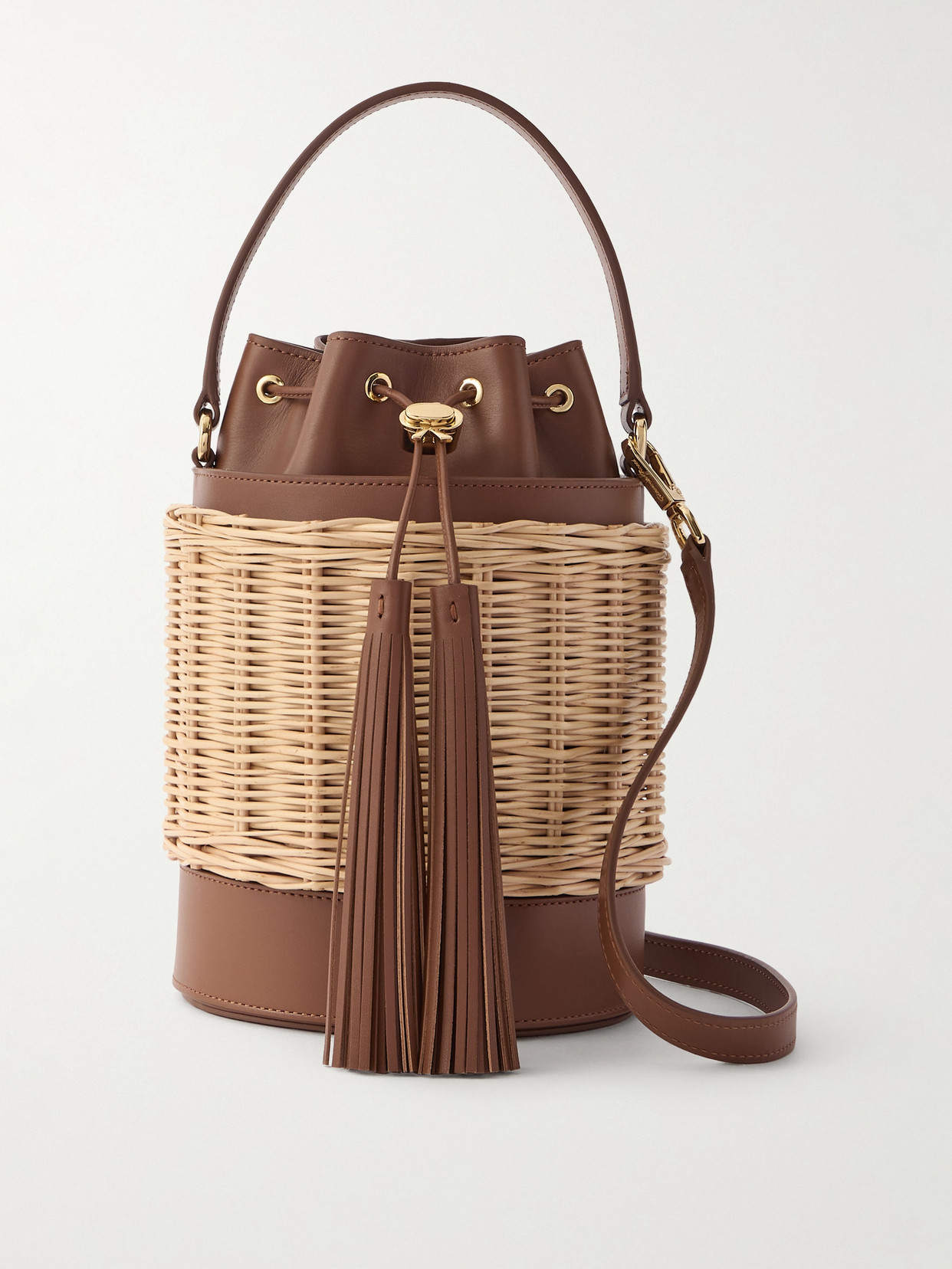 Gianvito Rossi Rattan-trimmed Leather Bucket Bag In Brown