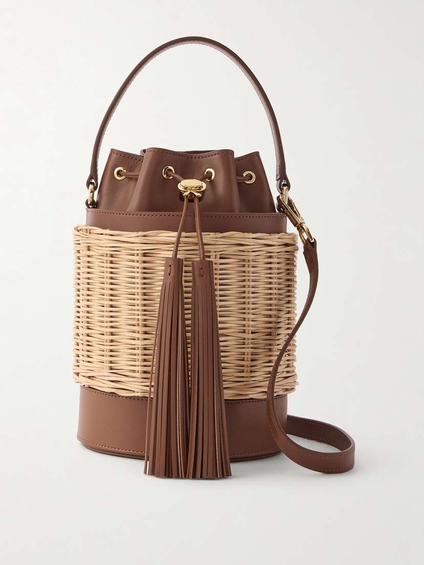 Gianvito Rossi Rattan-trimmed Leather Bucket Bag