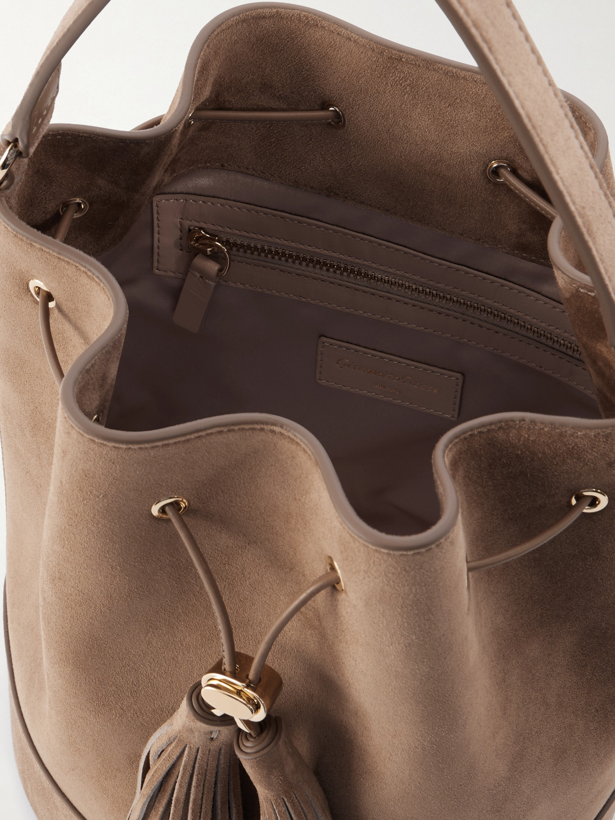 Gianvito Rossi Sienna Tasseled Leather-trimmed Suede Bucket Bag In Neutral
