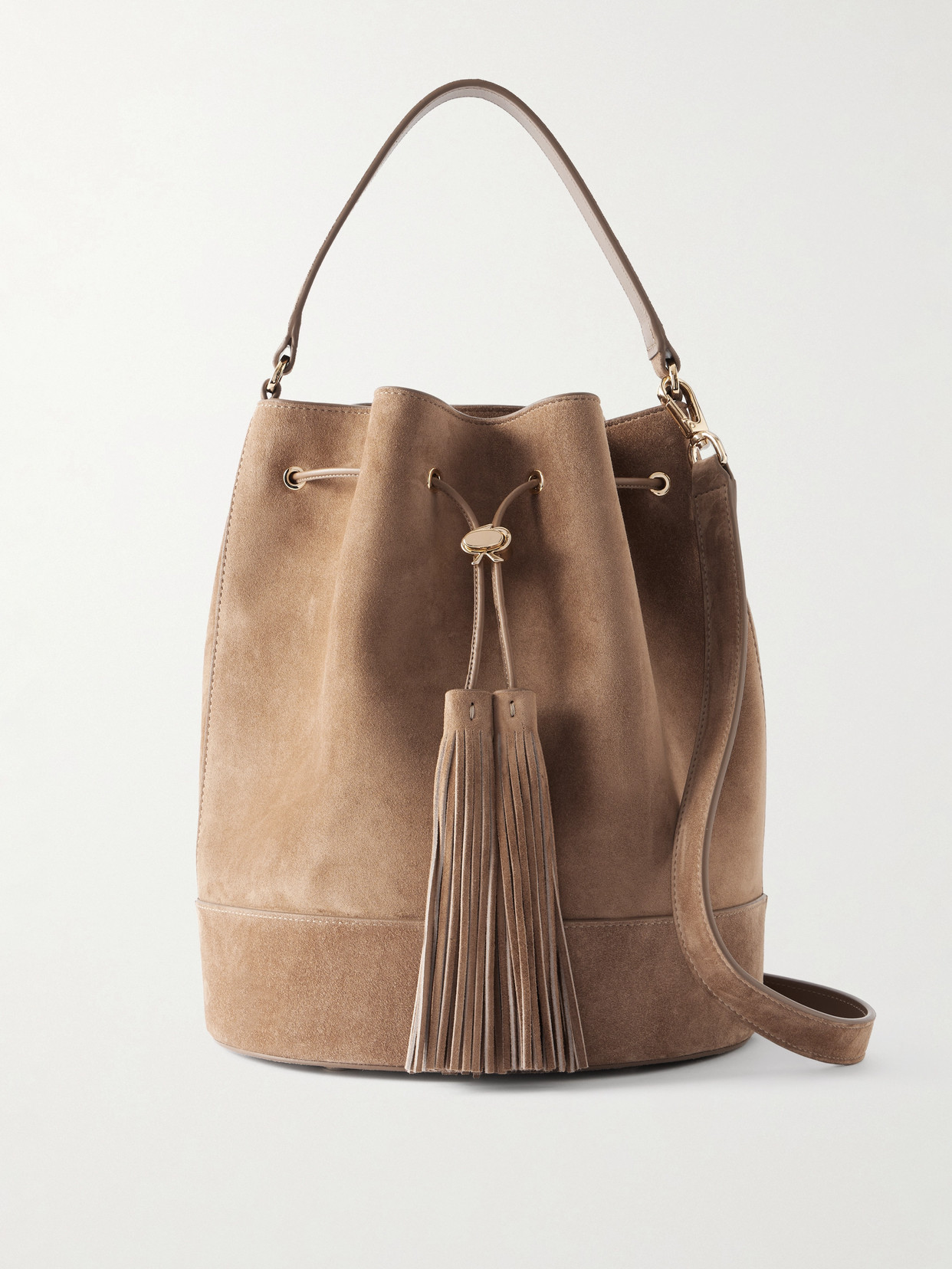 Gianvito Rossi Sienna Tasseled Leather-trimmed Suede Bucket Bag In Neutral