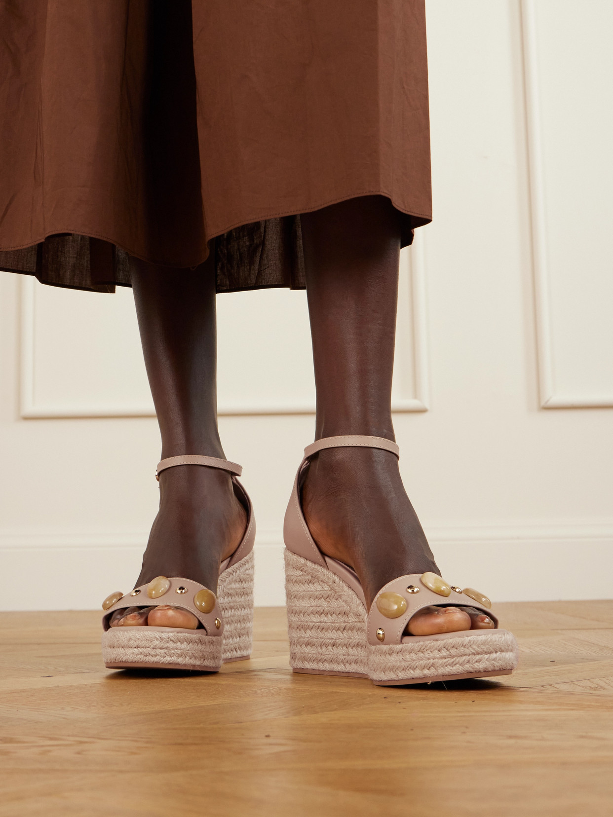 Gianvito Rossi 70 Embellished Leather Espadrille Wedge Sandals In Neutral