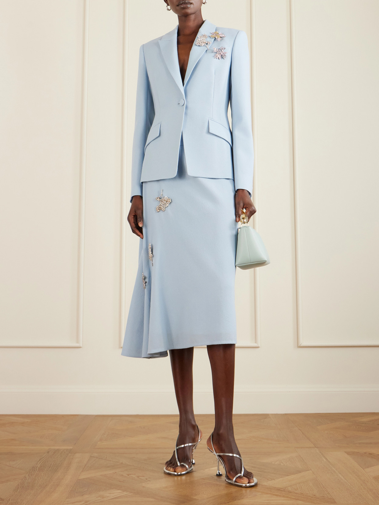 Asymmetric Draped Embellished Wool-Crepe Midi