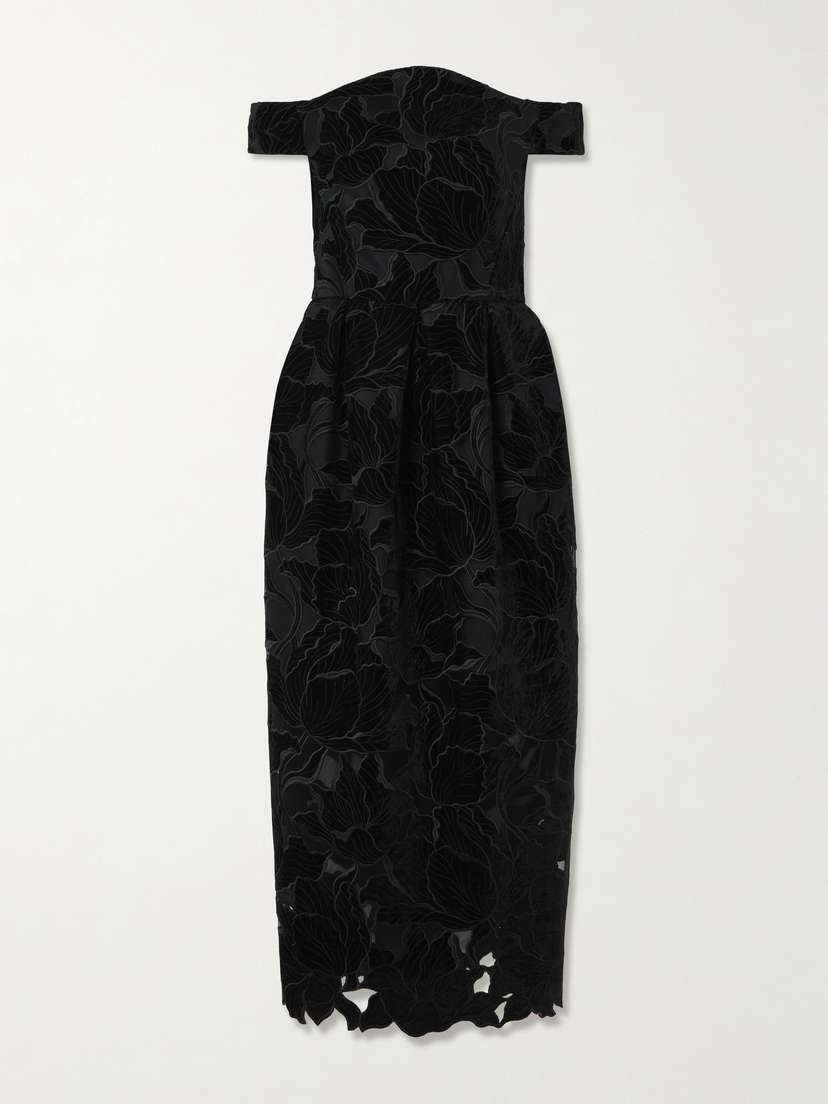 Erdem Off-the-shoulder Embroidered Velvet And Tulle Midi Dress
