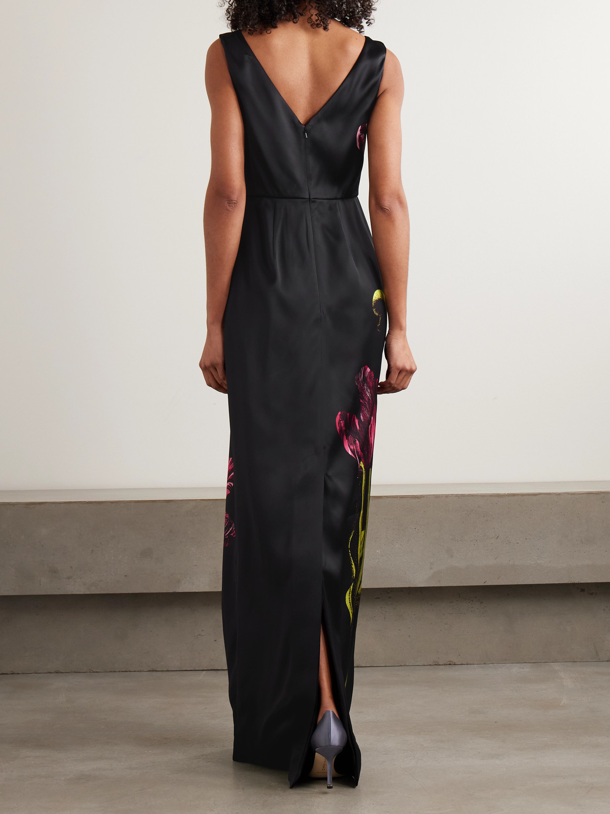 Erdem Floral-print Duchess Satin Sleeveless Gown In Black