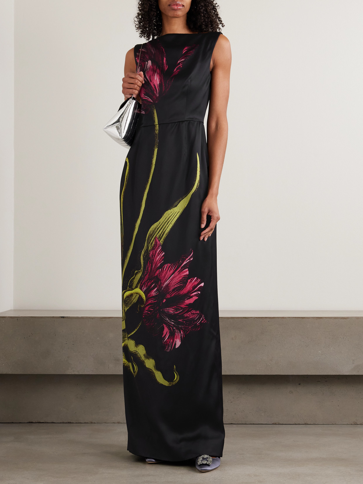 Erdem Floral-print Duchess Satin Sleeveless Gown In Black