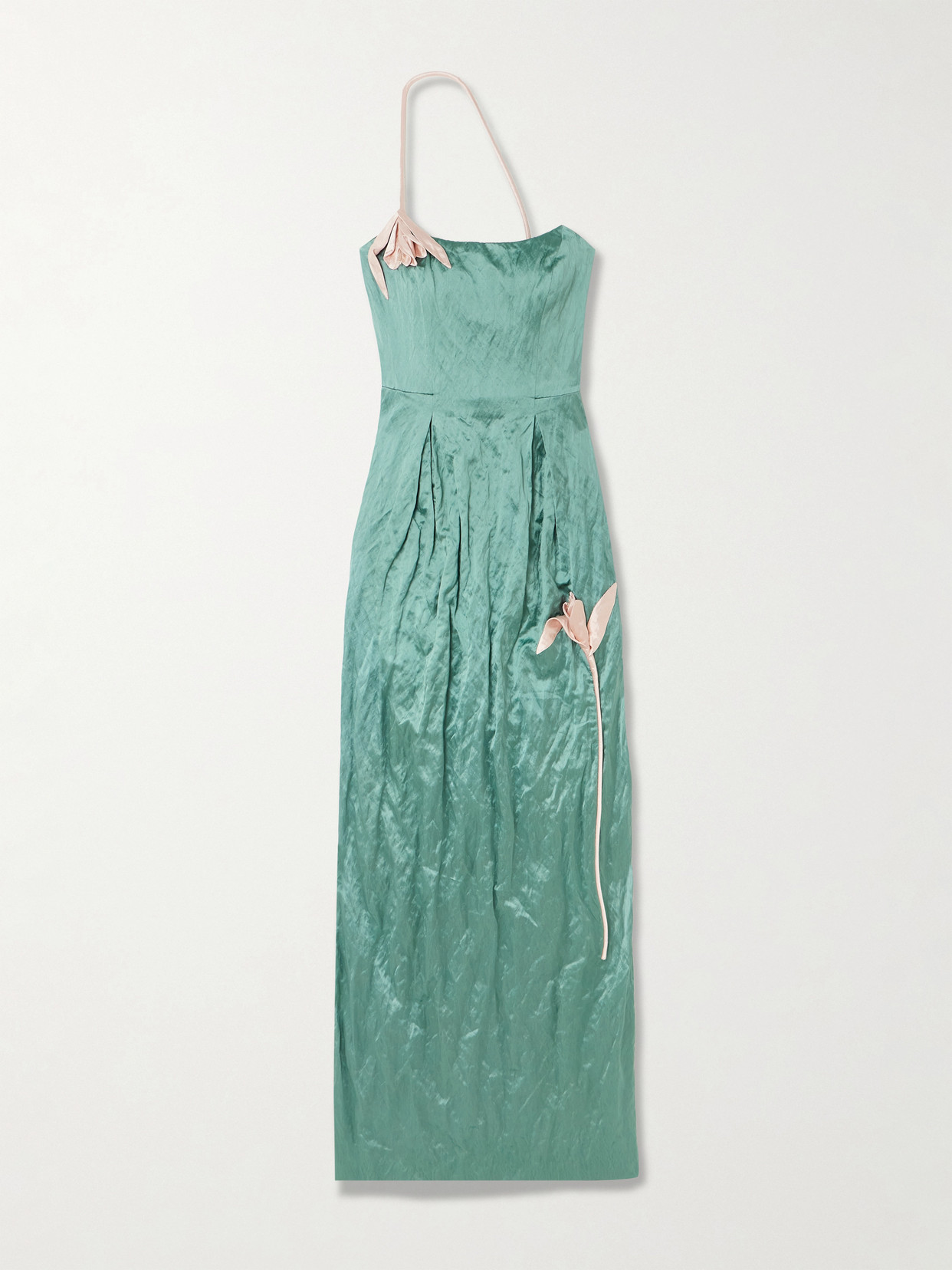 Erdem One-shoulder Bead-embellished Appliquéd Crinkled-satin Gown In Green