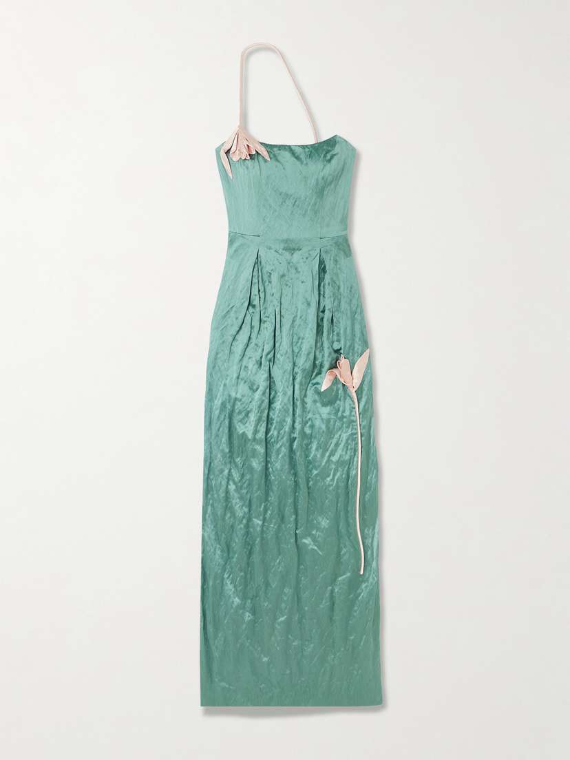 Erdem One-shoulder Bead-embellished Appliquéd Crinkled-satin Gown