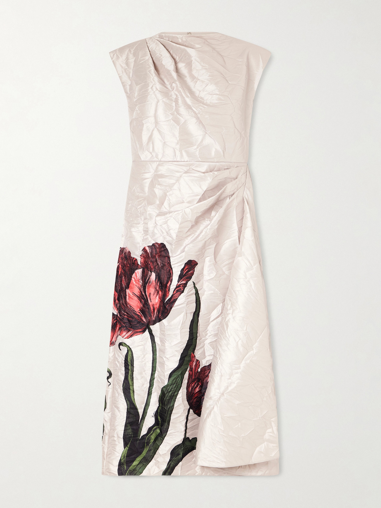 Erdem Draped Floral-print Crinkled-crepe Midi Dress In Neutral